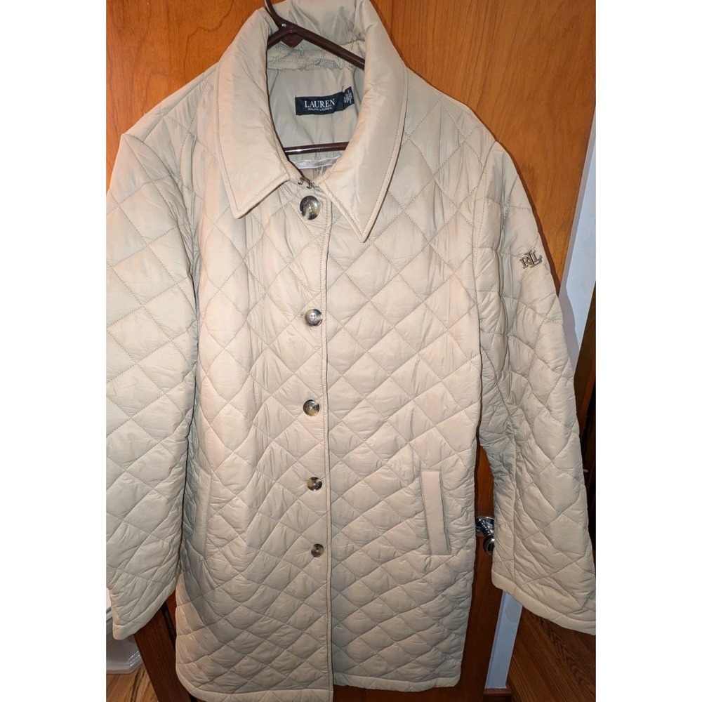 Ralph Lauren Women's LS Beige Button Up Diamond Quilted Nylon Long Coat Size XL